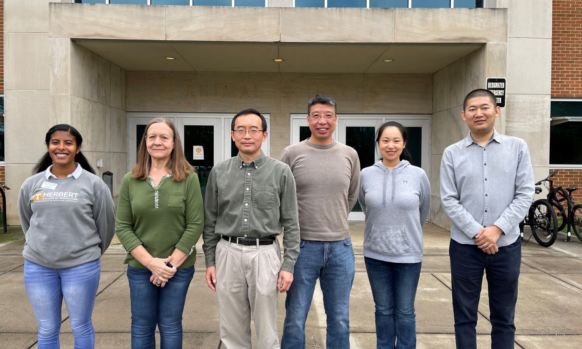 Group picture of the six members of Jun Lin's lab group