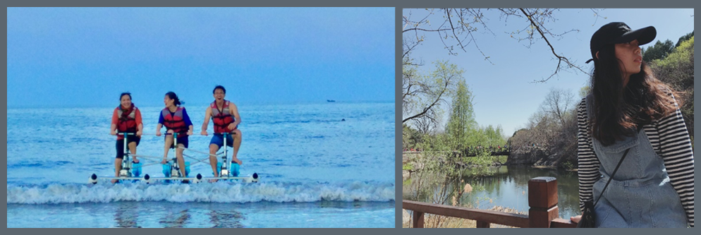 Xiao riding a water bike with friends and in different picture standing in front of water