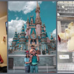 Ximin Zeng with his family in front of a Christmas tree and at Disney World. Plus a picture of baby chicks in a pen