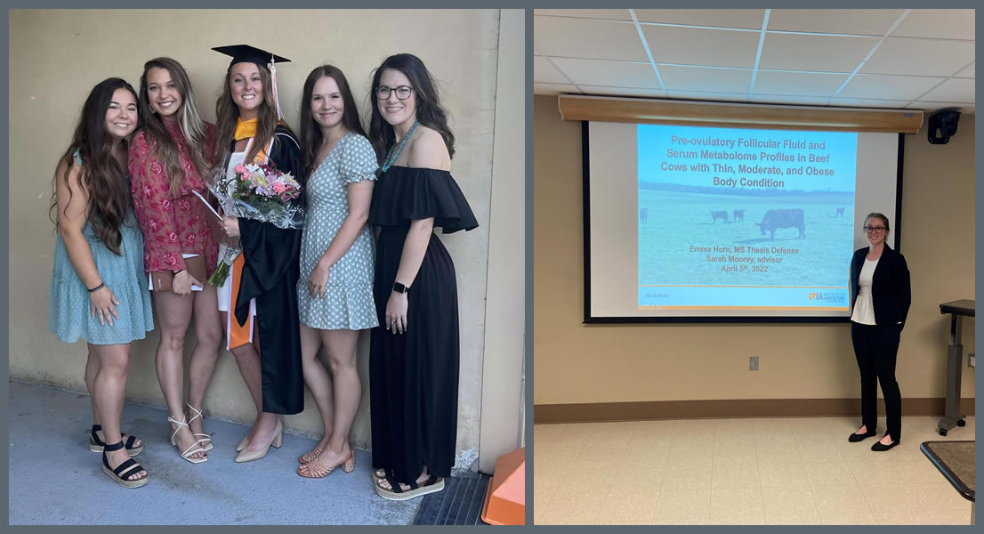 Emma with her friends at graduation and Emma giving a presentation