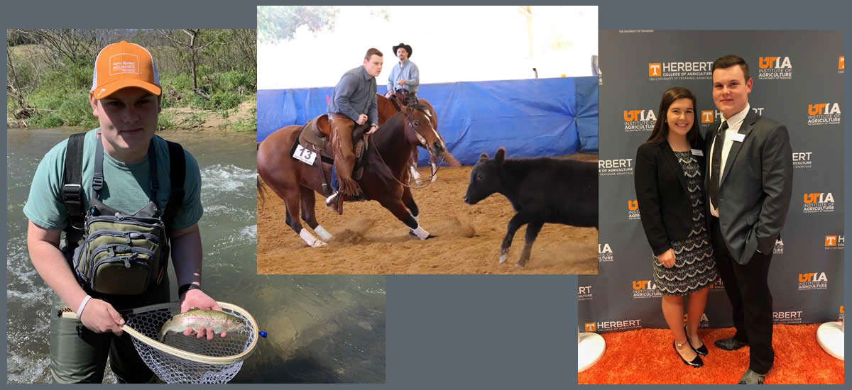 Sawyer Main fishing, riding a horse and standing with a girl in front of a UTIA background