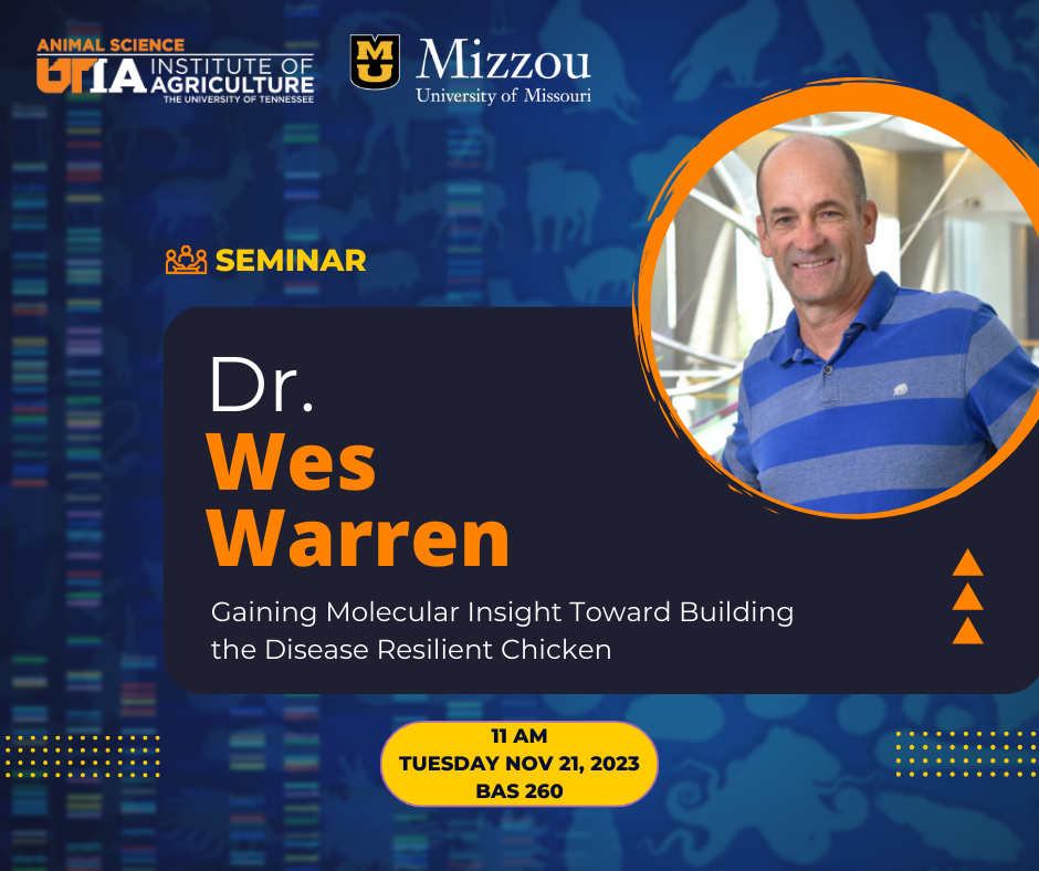 Image of Dr. Wes Warren for his seminar announcement on Nov 21, 2023.