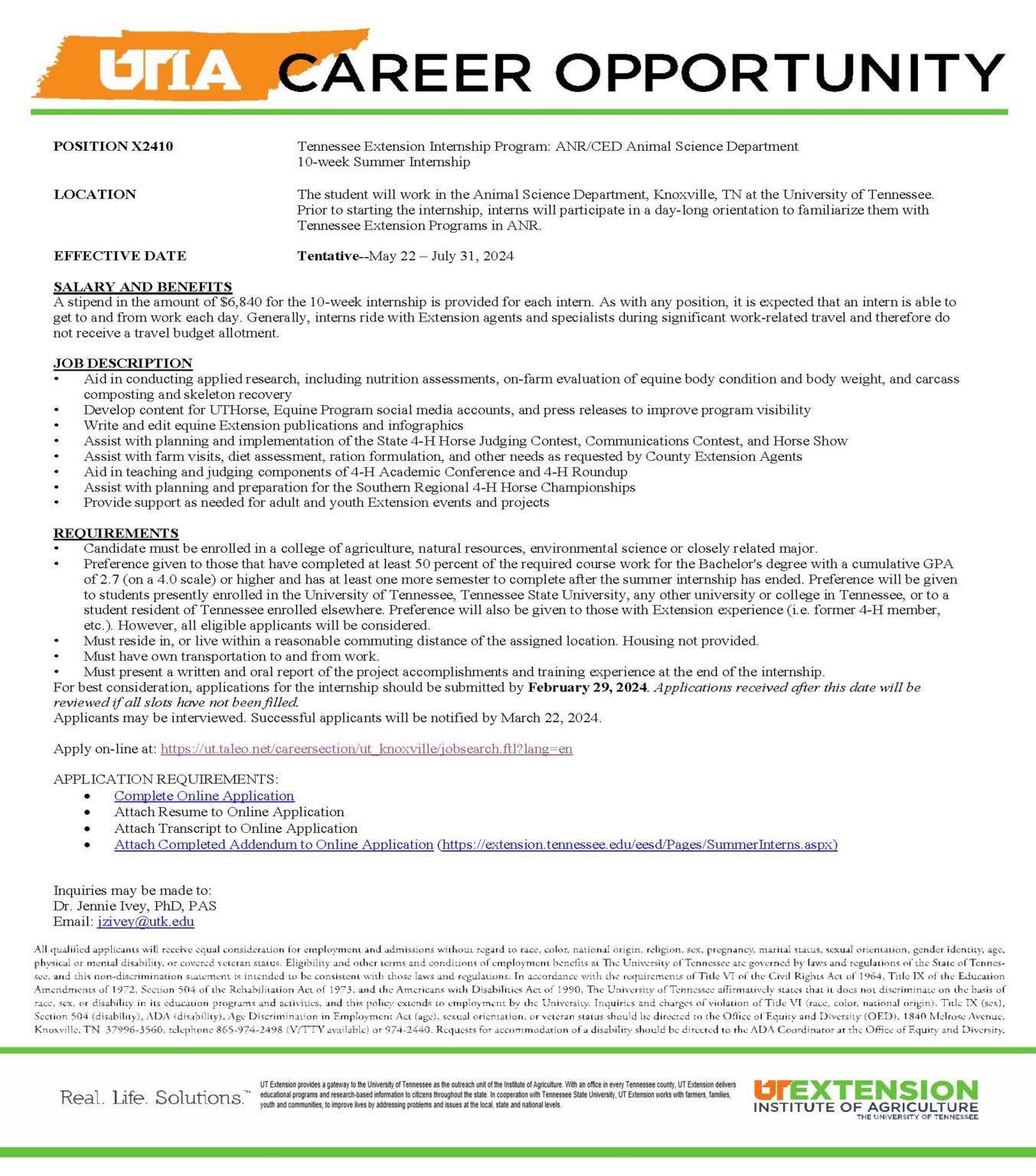 TN Extension Internship Program ANR/CED Animal Science Dept 10week