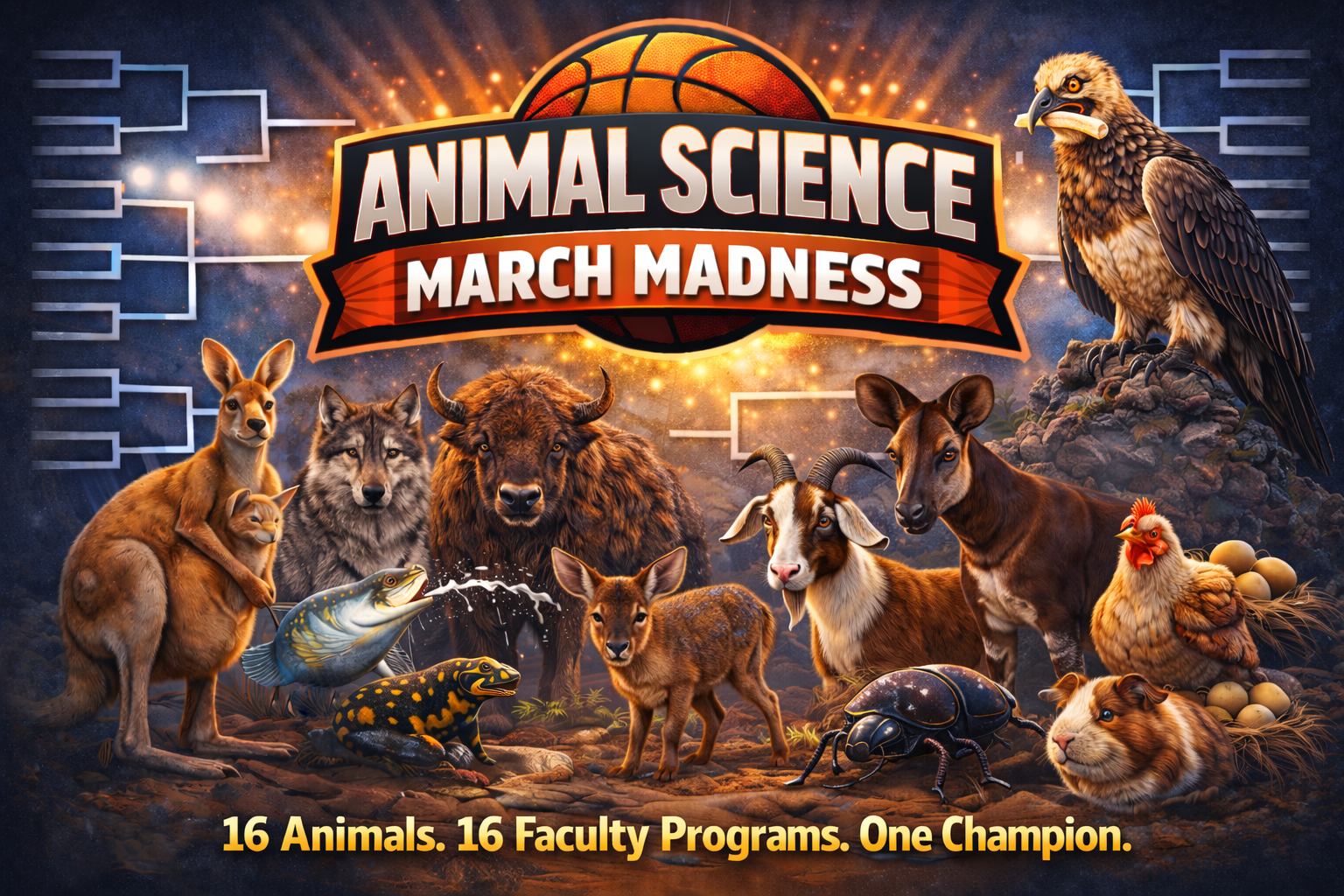 Animal Science March Madness Cover Image with a Tournament Bracket and Animals Surrounding It.